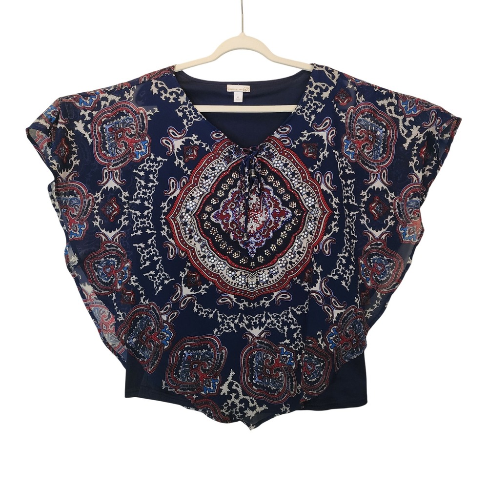 Westport 1962 Navy Paisley Rhinestone Layered Poncho Blouse XL Boho Tie Front